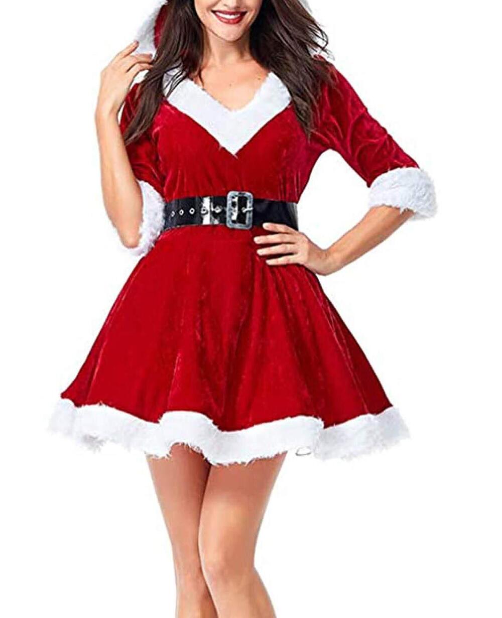 1777 Santa Claus Costume Hooded Dress With Santa Hat Adult Christmas Outfit